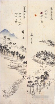  Utagawa Pintura al %c3%b3leo - complejo de templos en una isla y ferries en un río Utagawa Hiroshige japonés